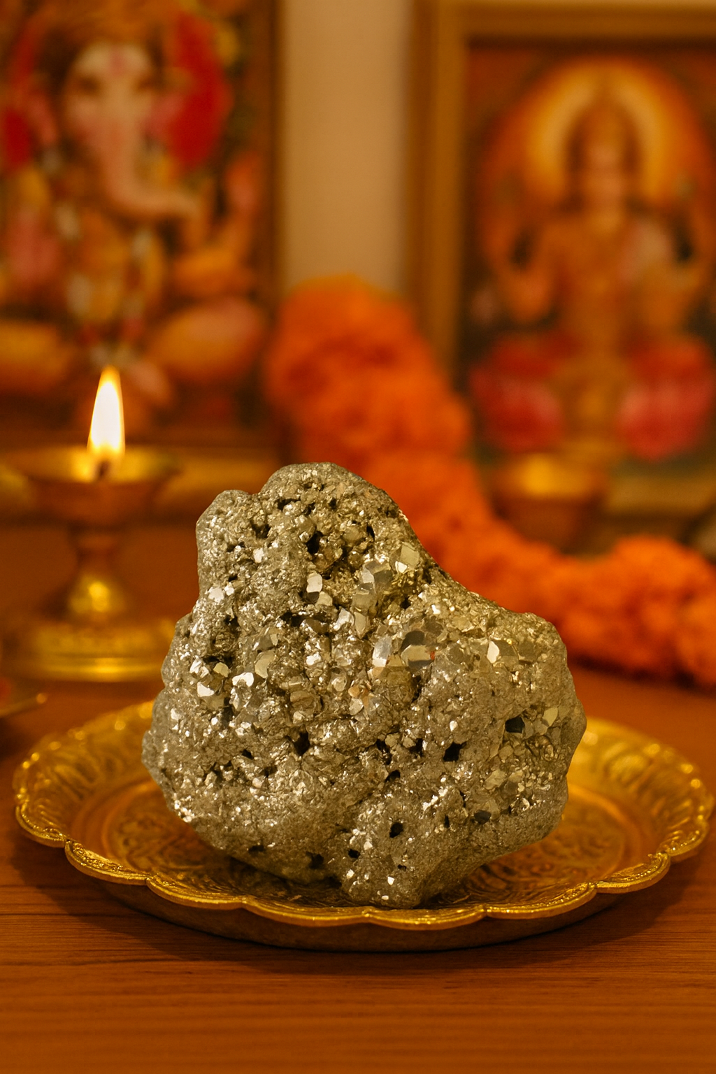 RAW PYRITE DHAN SHAKTI WITH SELENITE PLATE