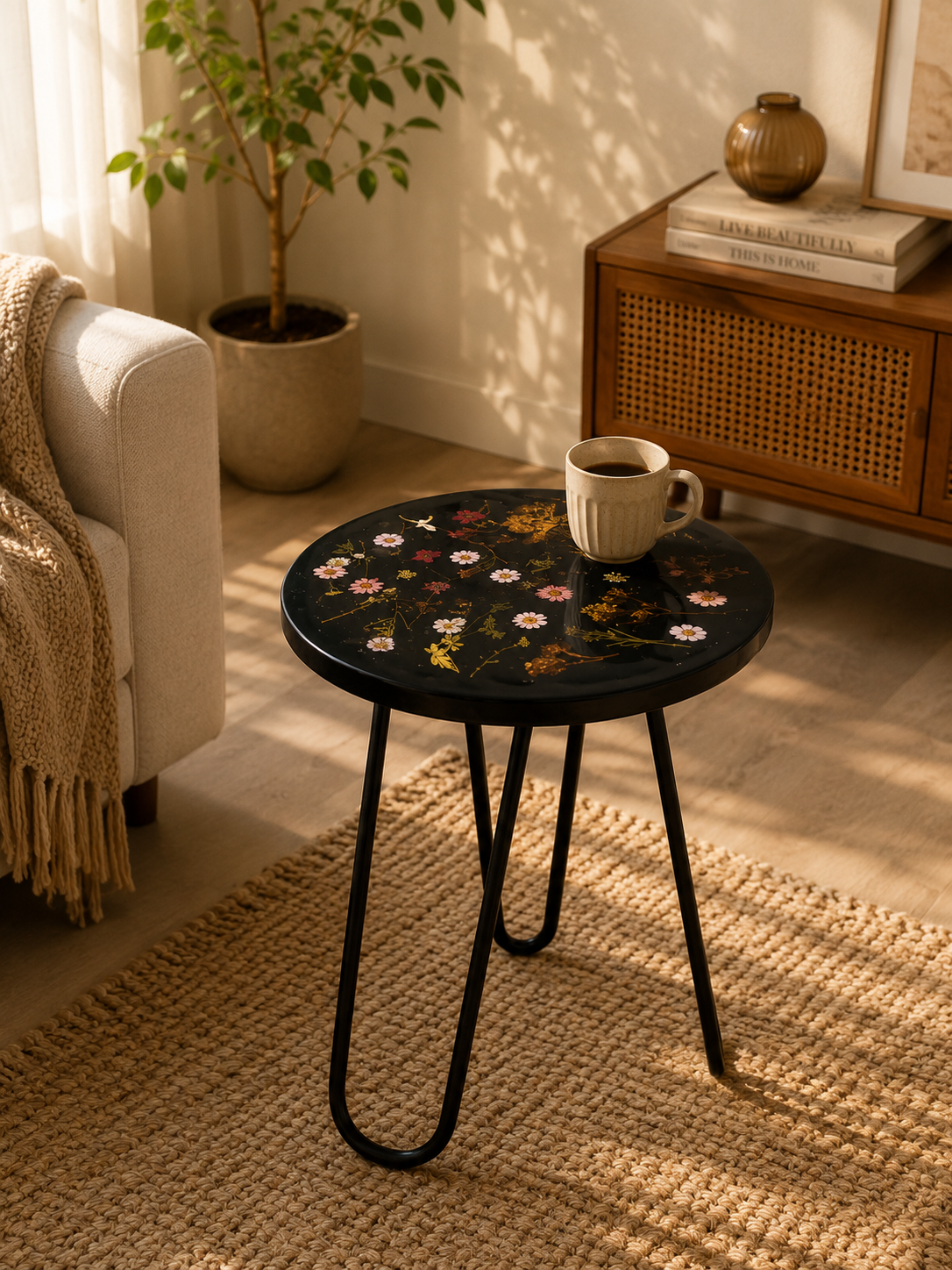 Flora Noir – Handmade Pressed Flower Resin Side Table