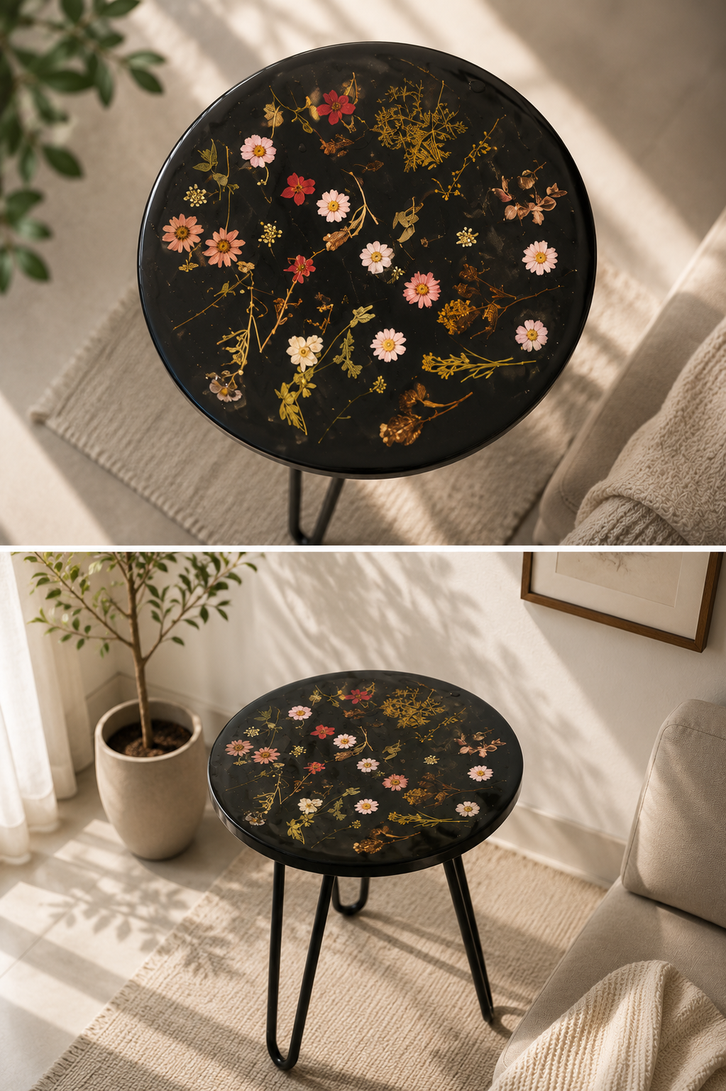 Flora Noir – Handmade Pressed Flower Resin Side Table