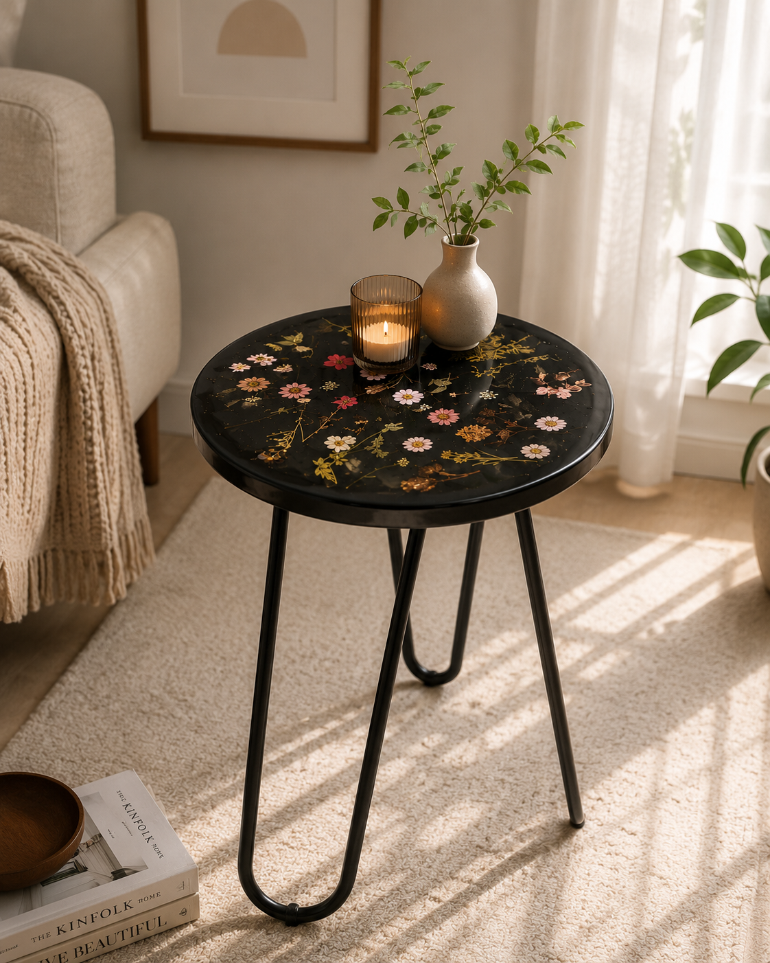 Flora Noir – Handmade Pressed Flower Resin Side Table