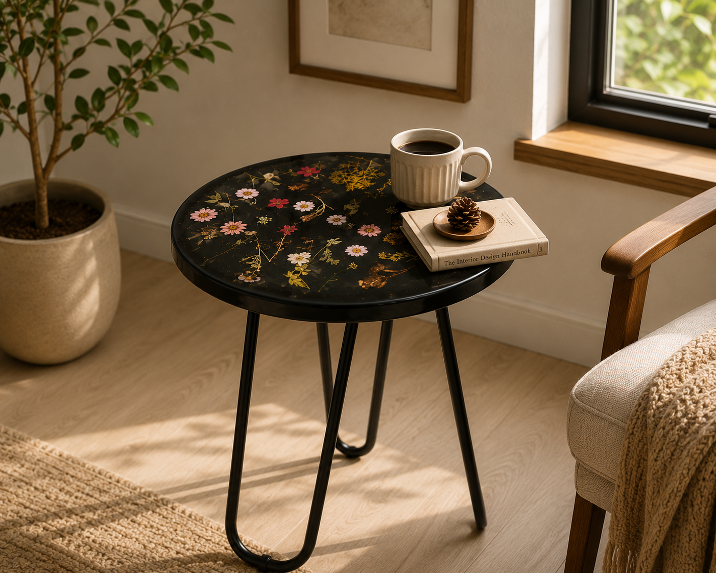 Flora Noir – Handmade Pressed Flower Resin Side Table