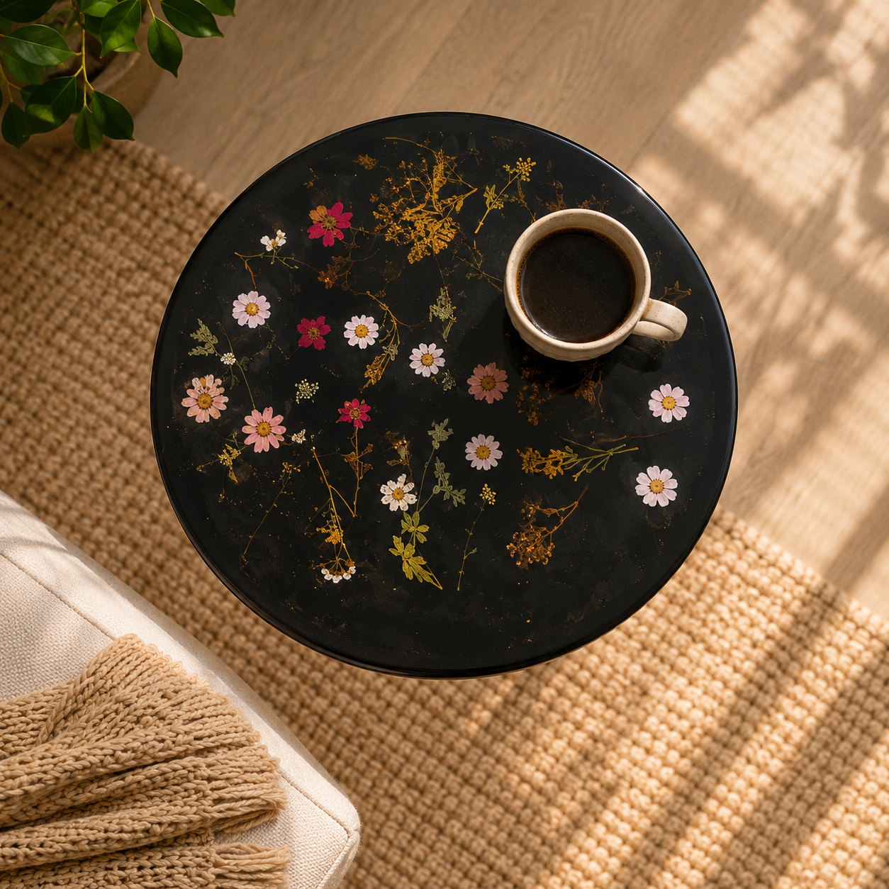Flora Noir – Handmade Pressed Flower Resin Side Table