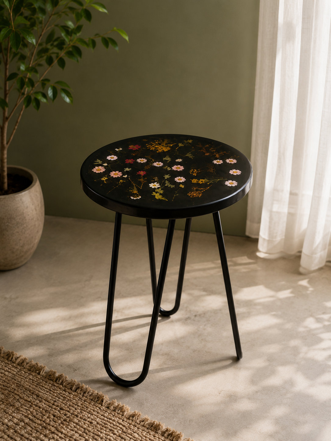 Flora Noir – Handmade Pressed Flower Resin Side Table