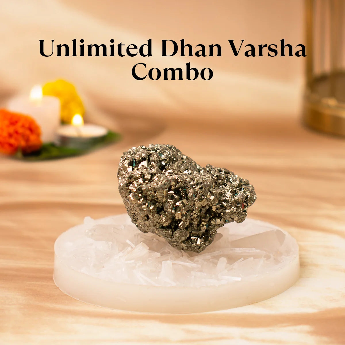 RAW PYRITE DHAN SHAKTI WITH SELENITE PLATE (HALF KG)